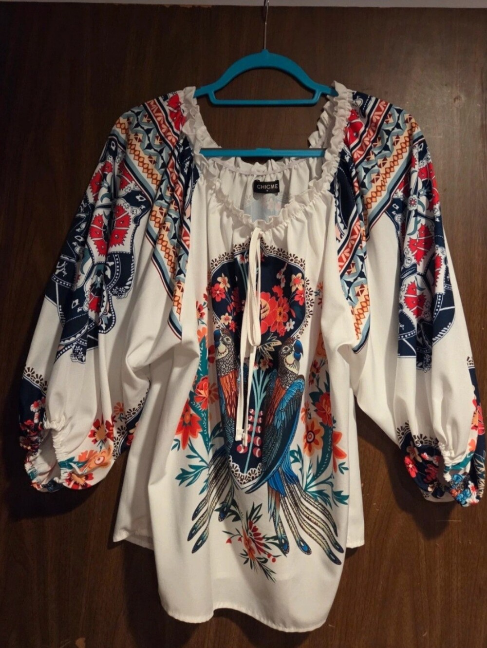 Chicme White Boho Blouse with Navy, Red & Teal Partot Bird Print Sz M